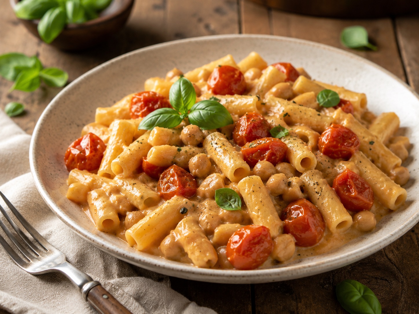 Pasta cremosa vegana con ceci e pomodorini