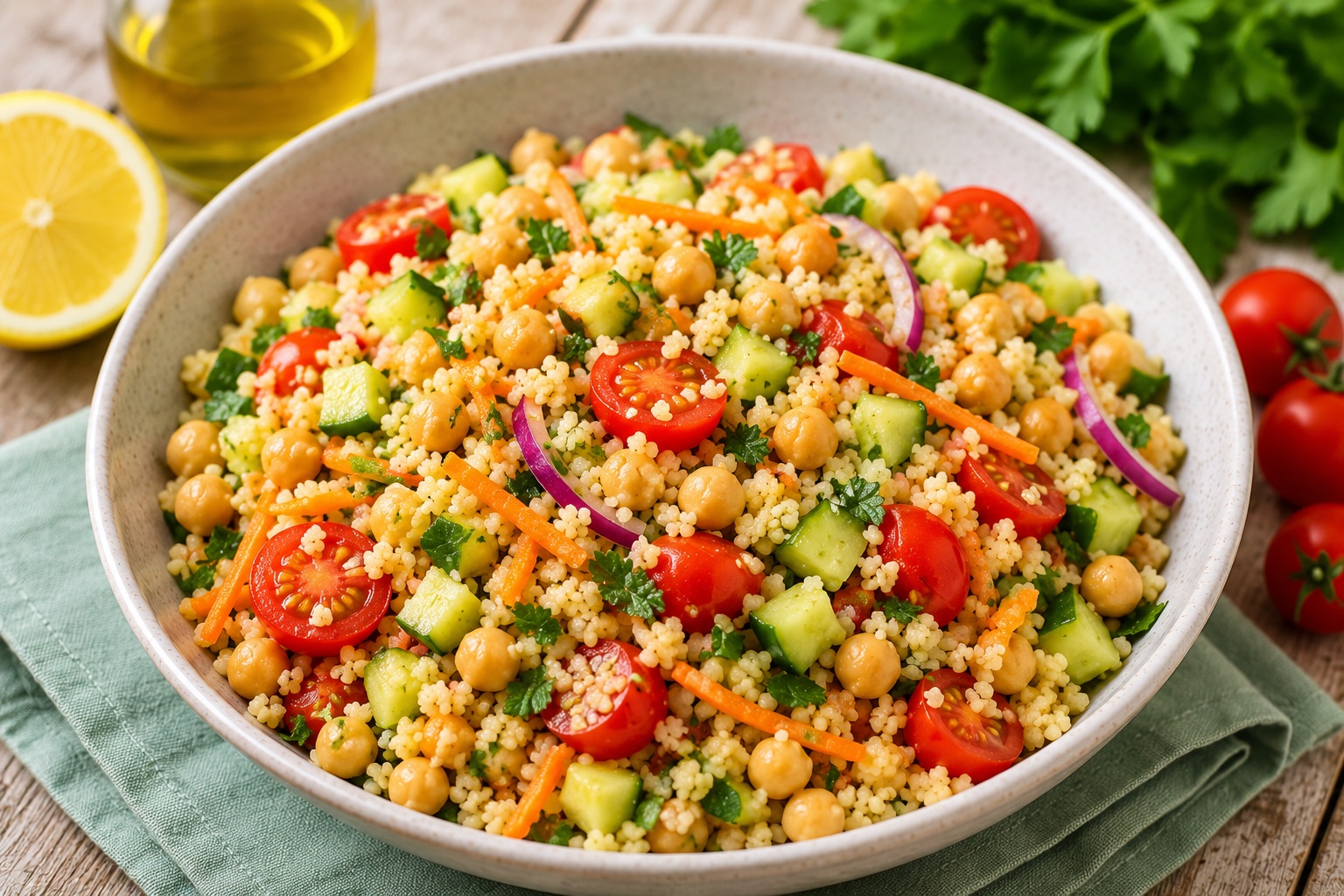Insalata vegana di cous cous con ceci, cetrioli e pomodorini