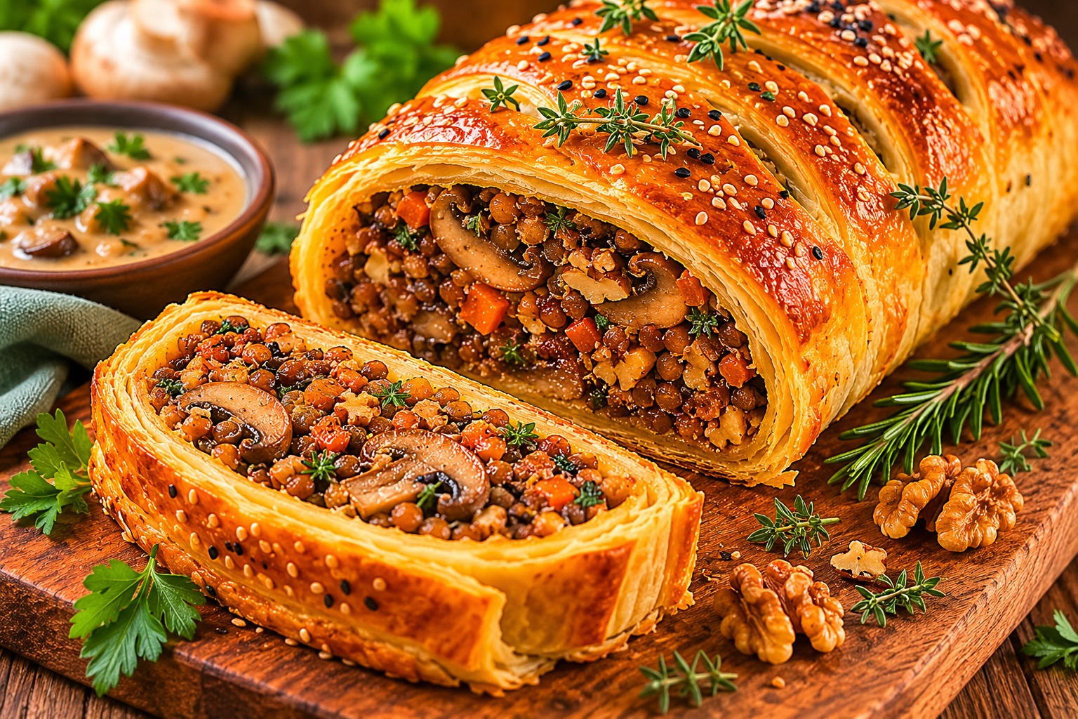 Wellington vegano con funghi, lenticchie e pasta sfoglia