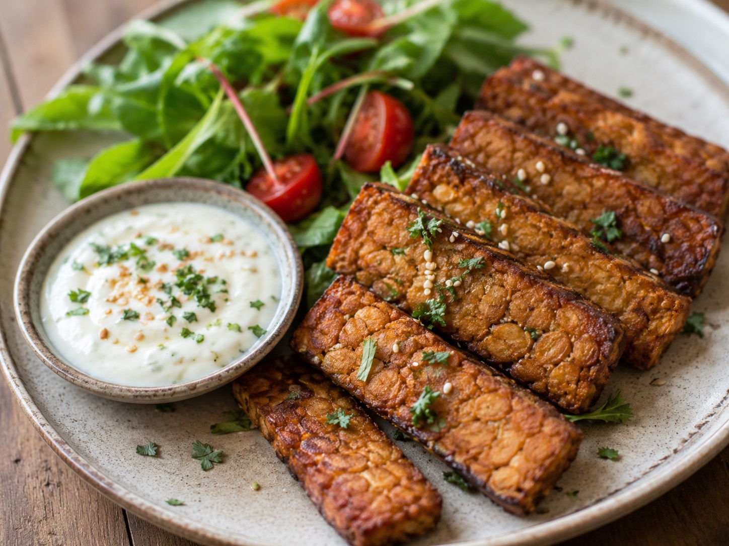 Tempeh croccante con salsa yogurt vegana