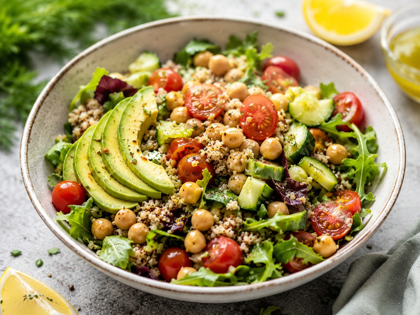 Insalata proteica con quinoa, ceci e avocado