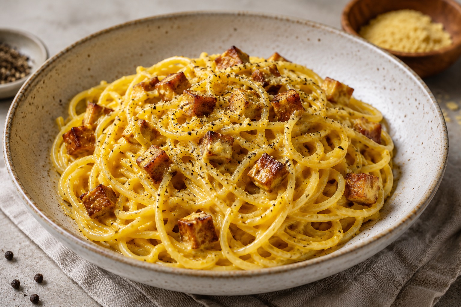 Carbonara vegana con tofu affumicato
