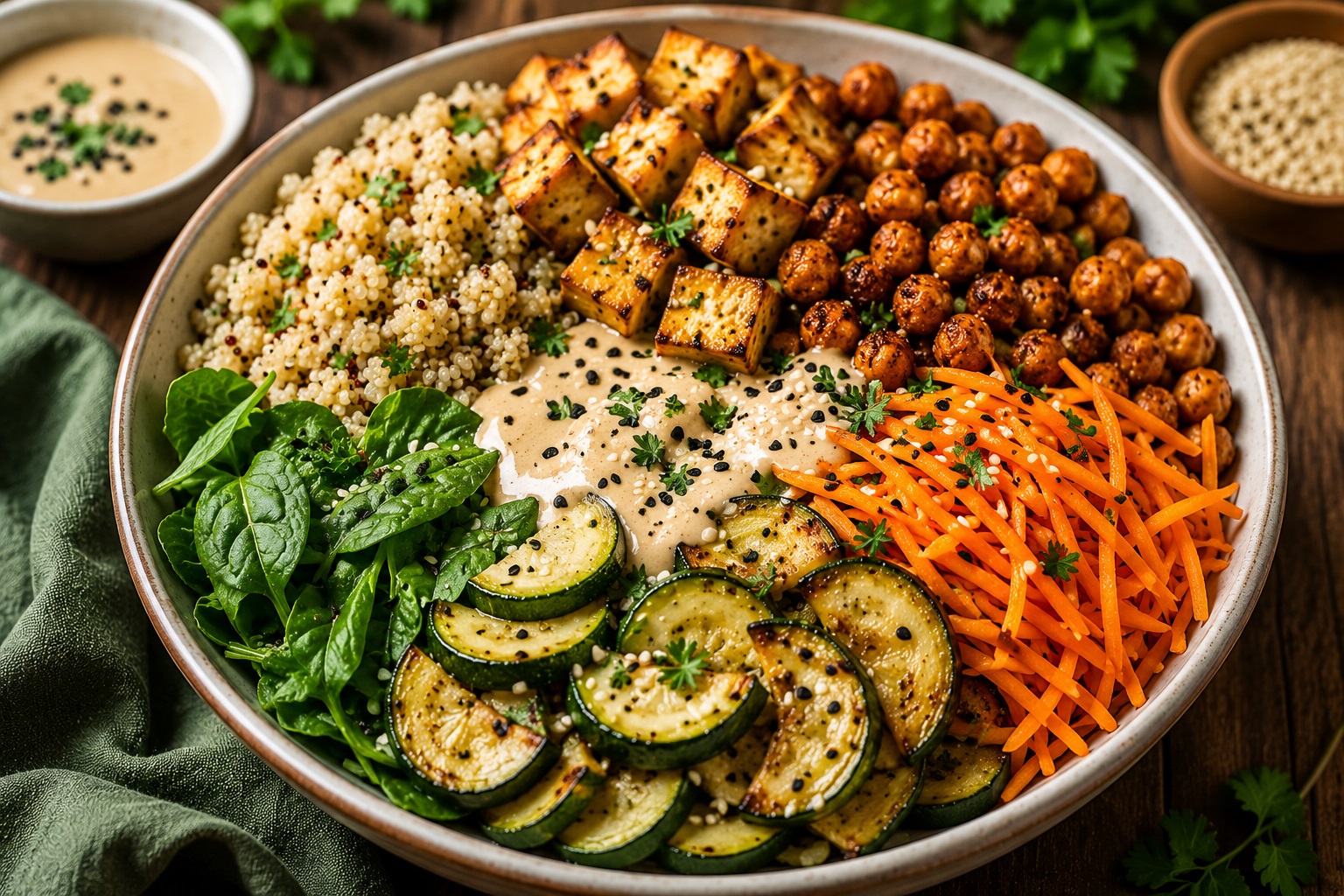 Bowl proteica vegana con quinoa, tofu e ceci croccanti