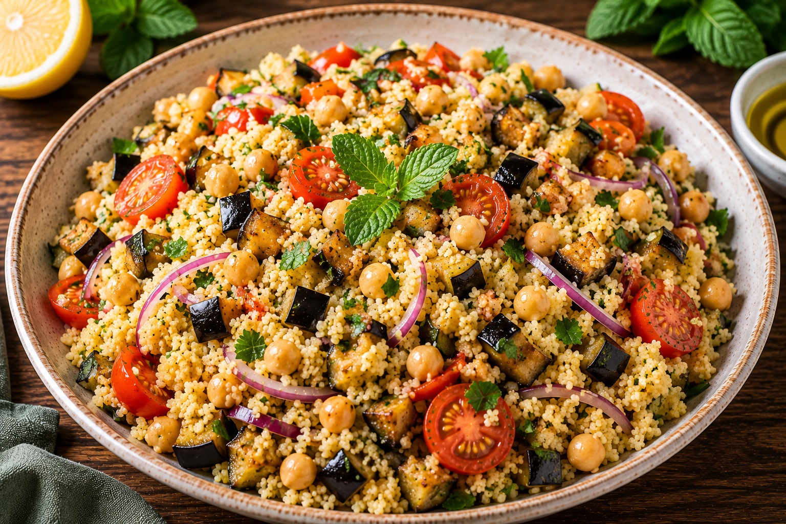 Cous cous vegano con melanzane, ceci e menta