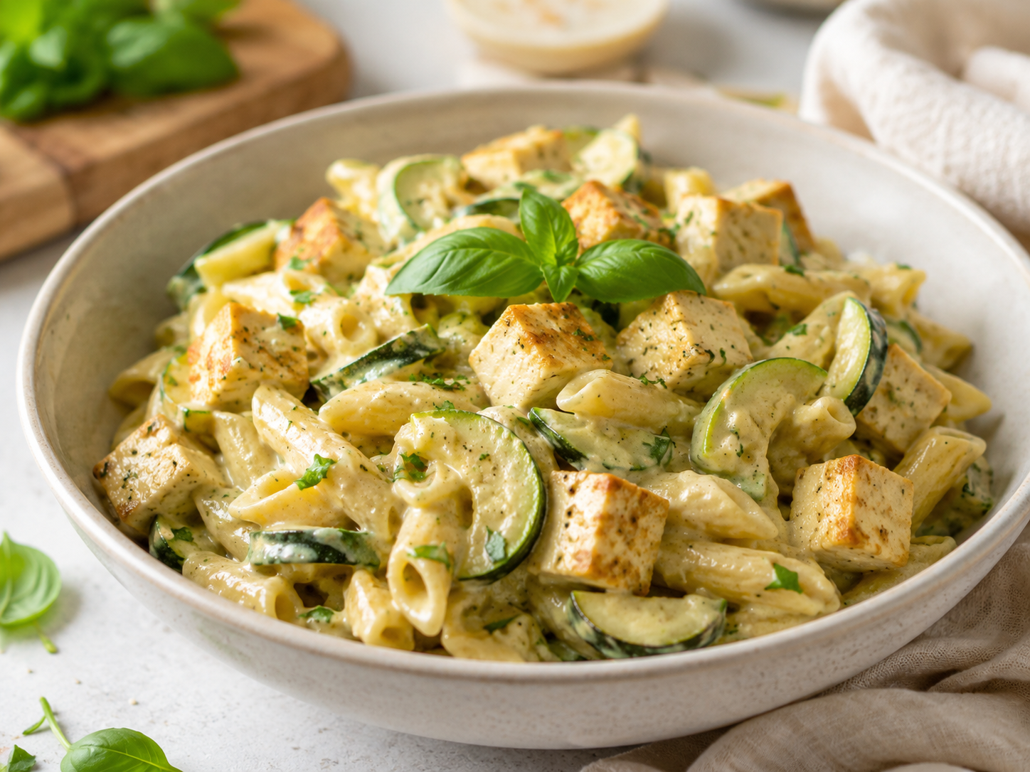 Pasta cremosa vegana con zucchine e tofu